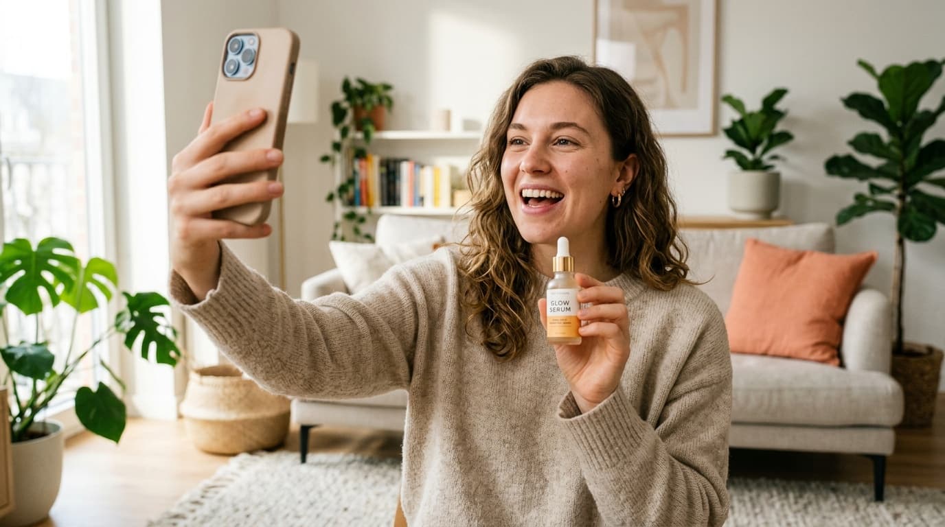AI creator recording a vertical UGC ad on a phone, speaking a native-language script