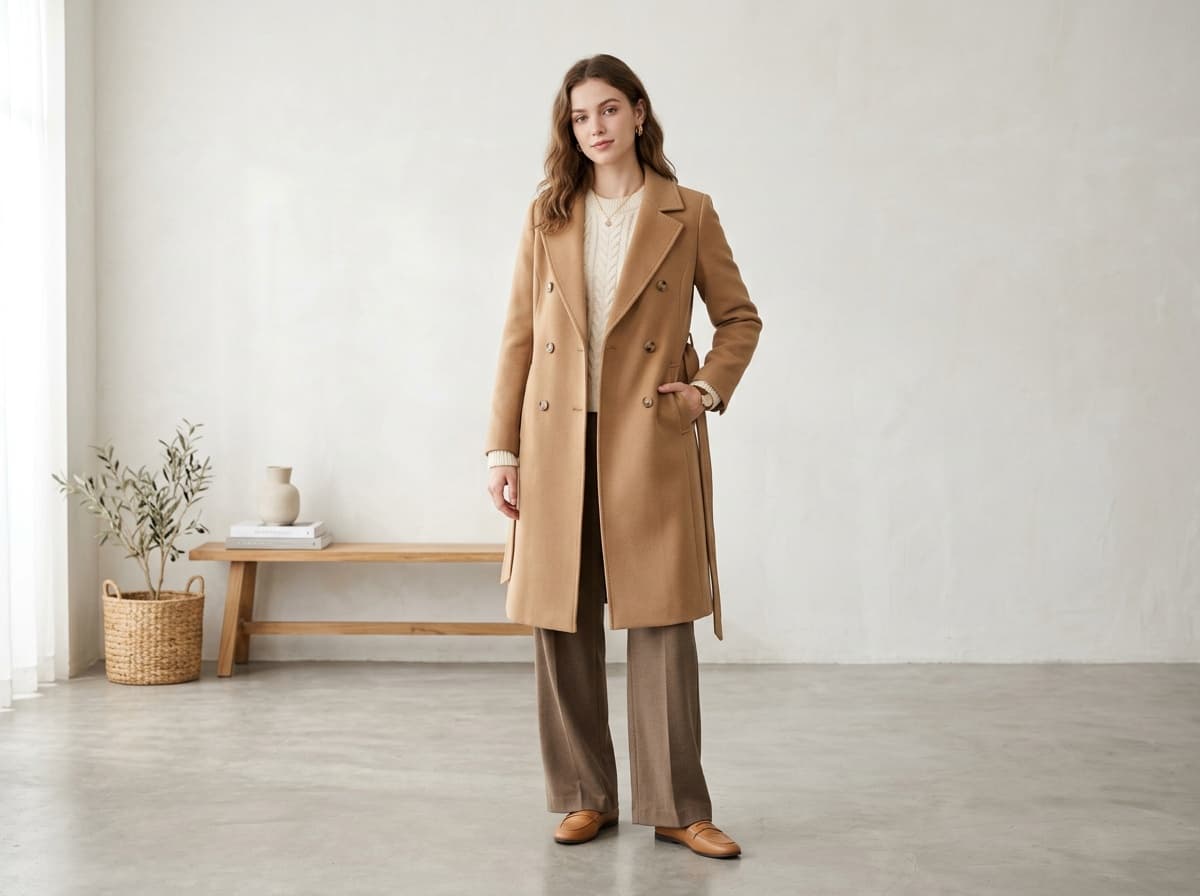Woman wearing a camel wool coat in a clean studio — AI fashion visual made with FATTLY