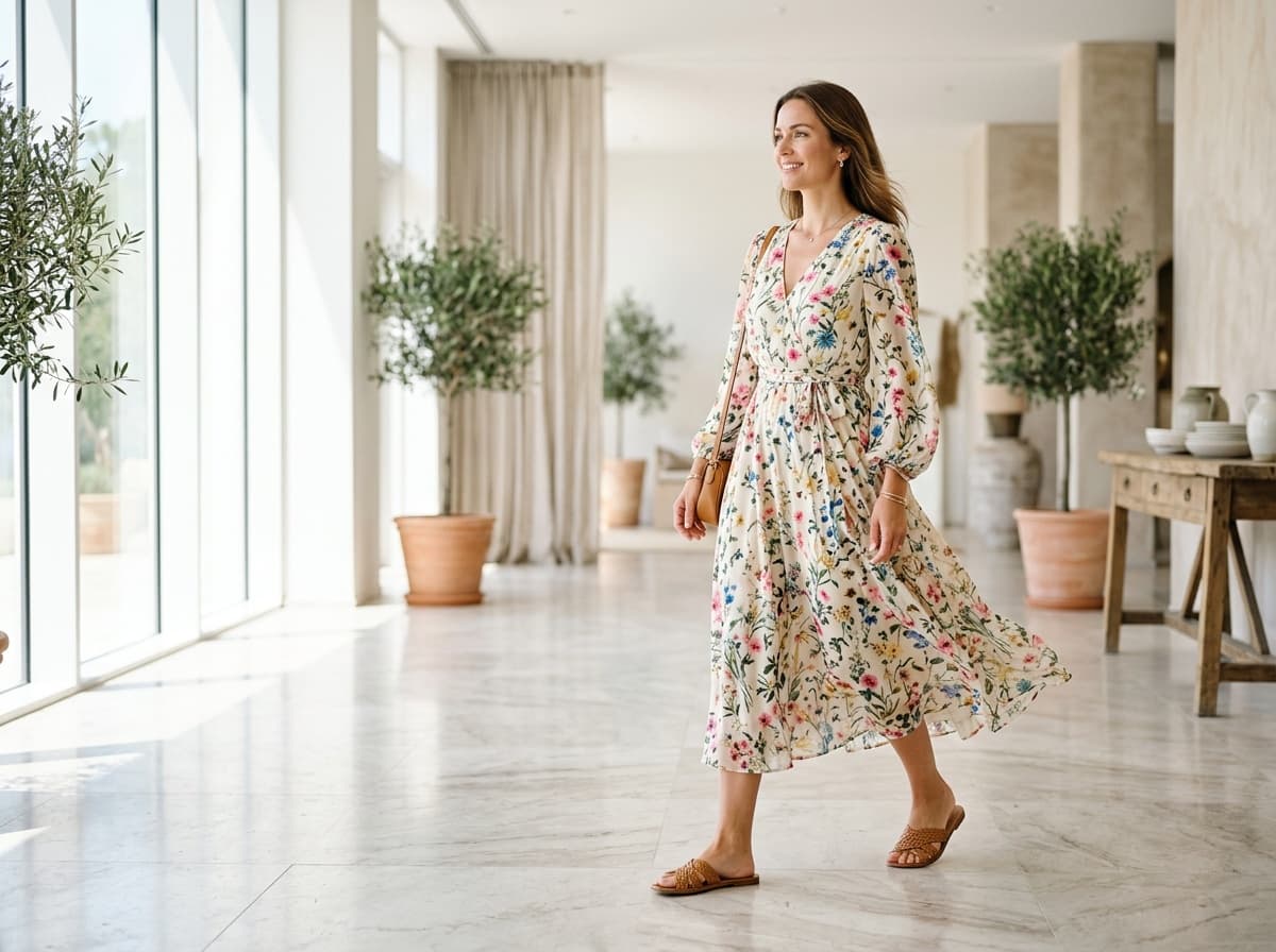 Woman in a floral midi dress in a bright airy space — AI fashion visual made with FATTLY