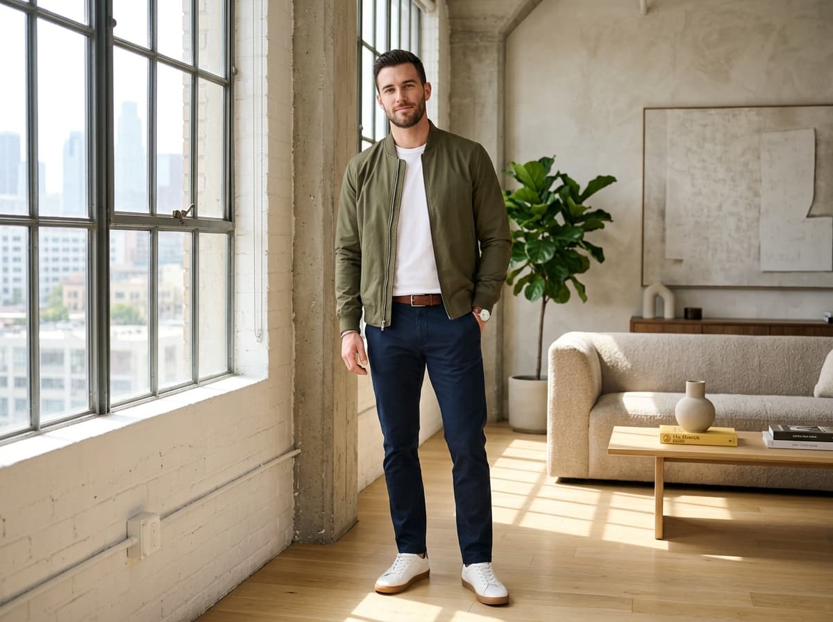 Man wearing an olive bomber jacket and white tee in a sunlit loft — AI fashion visual made with FATTLY
