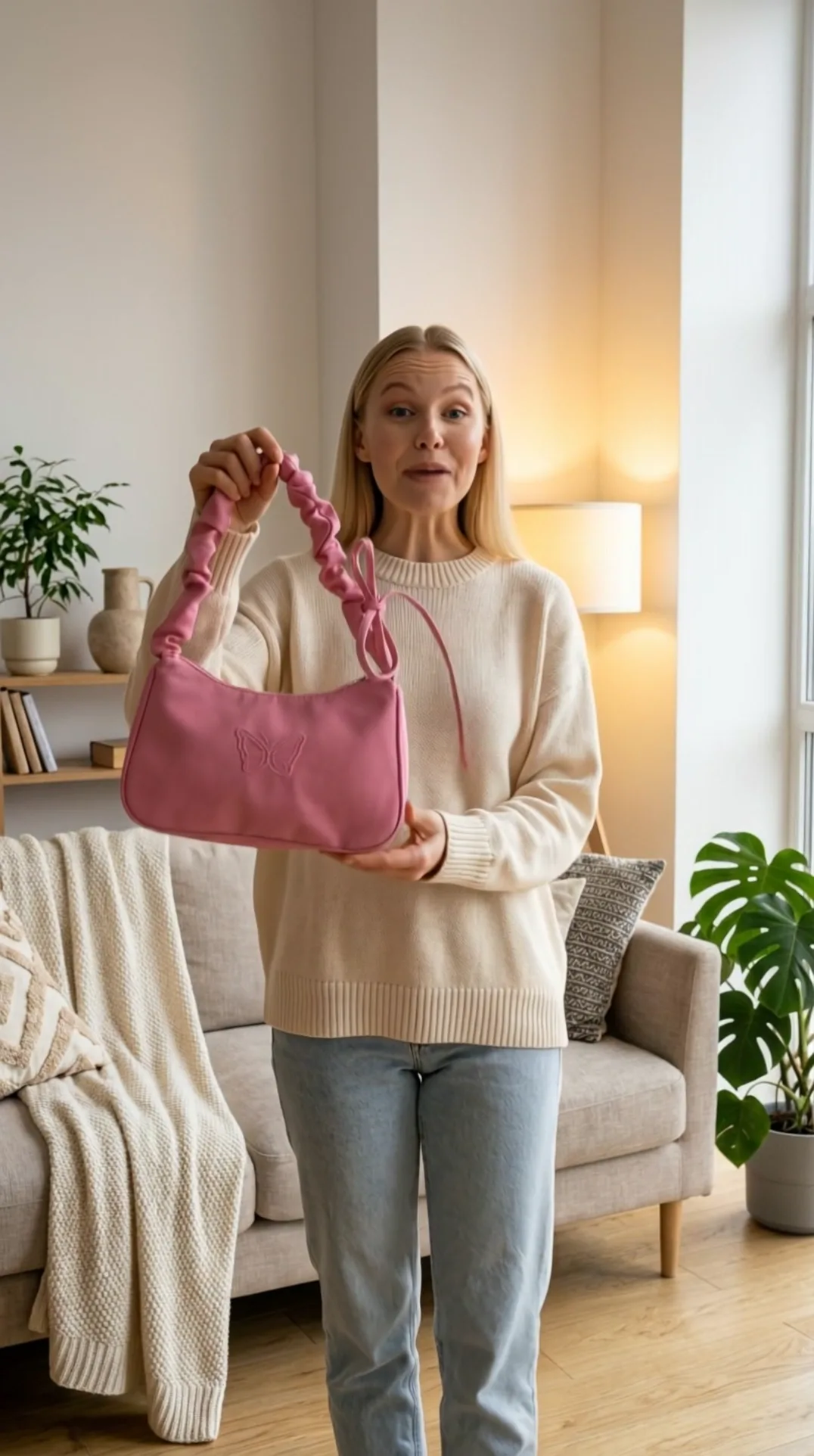 Frame from an AI video ad: a creator in a cream sweater holds up a pink shoulder bag in a bright living room and talks to the camera, made in Fattly
