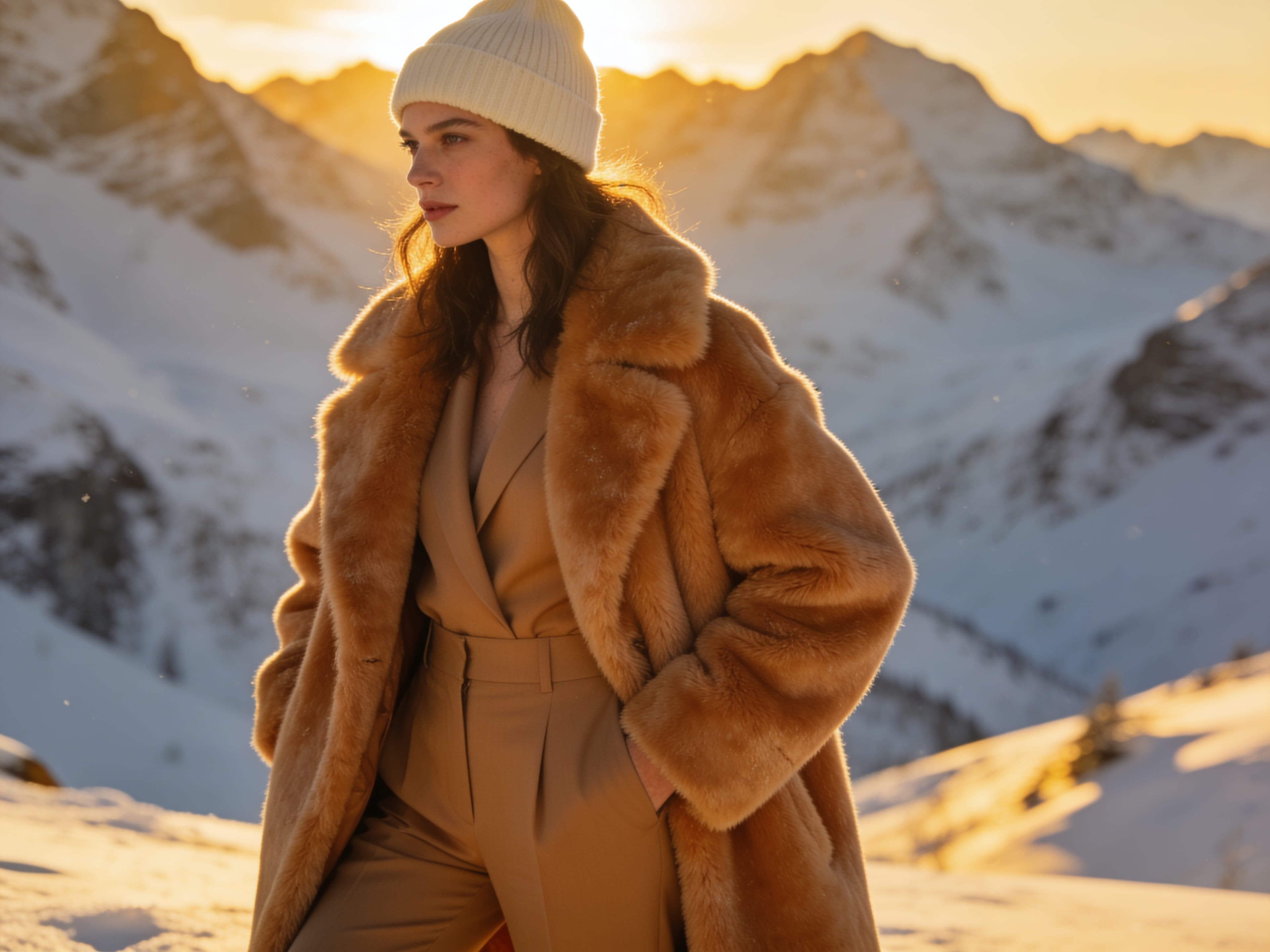 AI fashion editorial — model in a fur coat at golden hour, generated with FATTLY