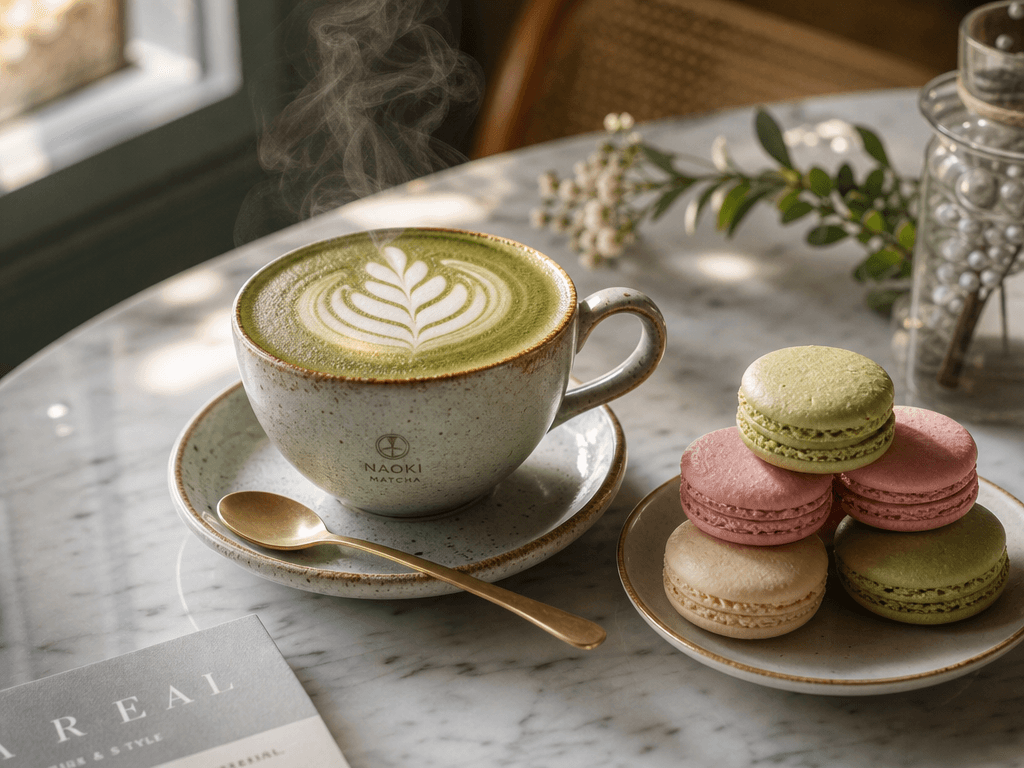 AI food photography — matcha latte and macarons, generated with FATTLY