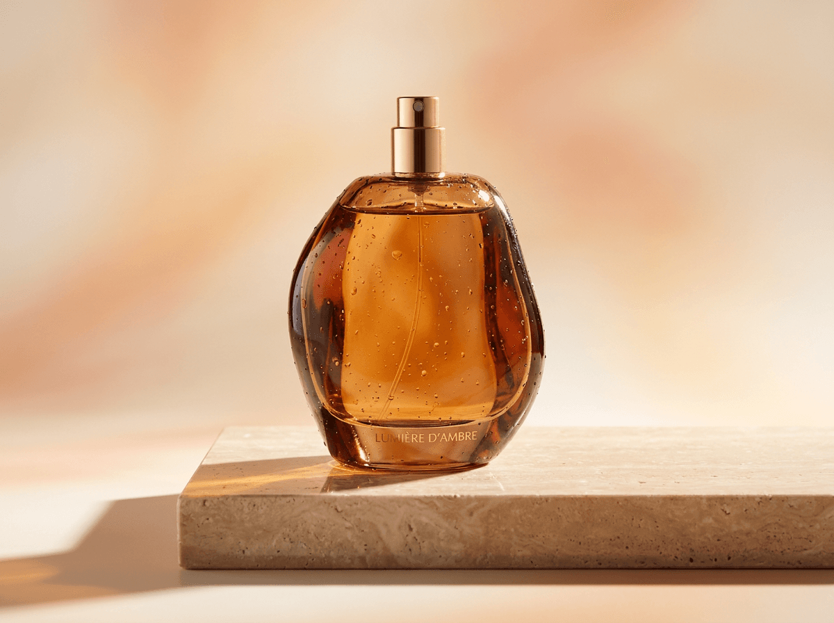 AI product photo — amber perfume bottle, generated with FATTLY