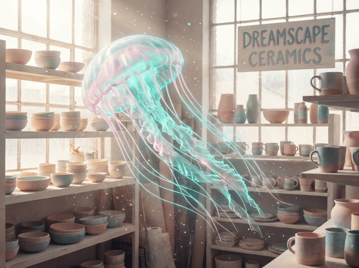 Surreal AI art — glowing jellyfish in a ceramics studio, generated with FATTLY